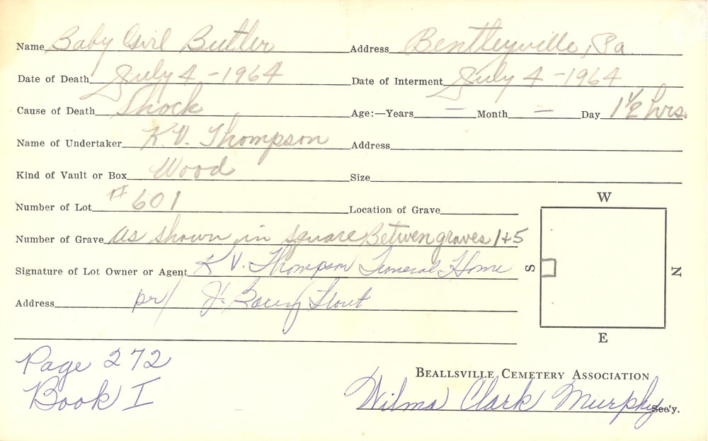 Baby Girl Butler burial card